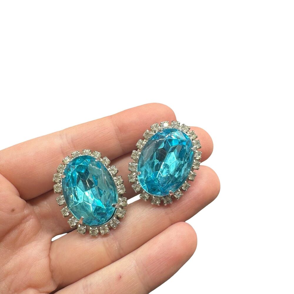 Vintage Blue Rhinestone Clip On Earrings, Princess Style